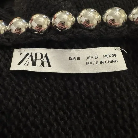 Zara Pearl Bow Chunky Knit Cardigan Size S Wool Blend Whimsi Feminine Coquette - Picture 5 of 7